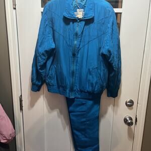 Lavon Quilted Silk vtg 90s Track Jogging Suit Sz M Shoulder Pads Turquoise Blue